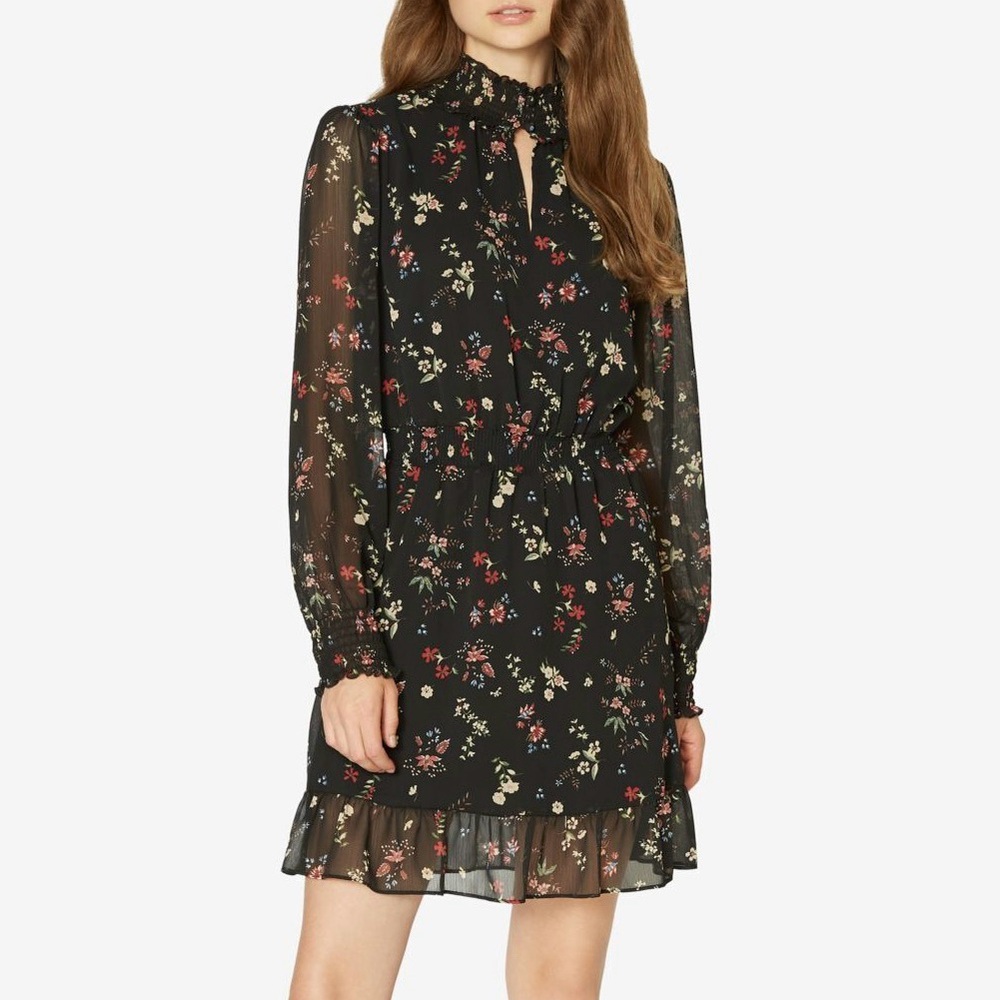 Sanctuary Women's Floral Black Shift Long Sleeve Mock Neck Dress Extra Small XS